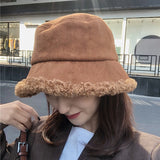 Winter Women Bucket Hat Wool Fleece Fisherman Caps  Suede Artificial Fur Thick Warm Plush Female Cap Sunscreen Panama Cap daiiibabyyy
