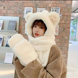 Women Winter Fashion Thickening Warm Plush Scarf Natural Rabbit Fur Bear Ears Hat Outdoor Skiing Integrated Hooded Scarf daiiibabyyy