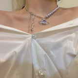MENGJIQIAO New Trend Elegant Pearl Purple Beads Choker Necklace For Women Girls Fashion Heart Space Crystal Party Jewelry Gifts daiiibabyyy