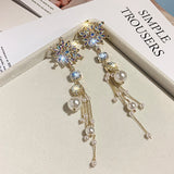 MENGJIQIAO Korean Fashion Asymmetry Snowflake Crystal Drop Earrings For Women Long Pearl Tassel Pendientes Jewelry Gifts daiiibabyyy