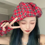Daiiibabyyy Retro Plaid Octagonal Hats for Women Fashion Gorras Big Size Cap for Lady Elastic Berets Cap Hood Cloud hat Hair Accessories