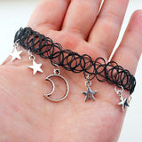 Harajuku Style Goth Black Hollow Mesh Elasticity Chokers Collar For Women Fashion Punk Moon Star Pendant Short Necklaces Jewelry daiiibabyyy