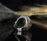Luxury Men's Fashion Silver Color Round Green Stone Handmade Men's Ring Vintage Engraving Pattern Punk Ring Party Jewelry Gift daiiibabyyy
