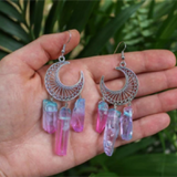 Daiiibabyyy Witchy Crescent Moon Rainbow Quartz Stone Earring Wicca Healing Crystal Magic Protection Celestial Statement Jewelry Women Gift