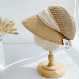 Summer New Women's Sun Hat Bucket cap Ribbon Flat top Straw Hats Beach Caps Panama Women Sun Hat Large Brim Straw Outdoor Hat daiiibabyyy