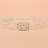 New Imitation Pearl Elastic Waistband Square Buckle Rhinestone Beaded Waist Belt Dress Decor Women Elegant Wild Waist Chain daiiibabyyy
