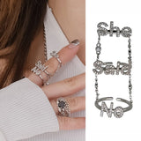 MENGJIQIAO Punk Fashion Ziron Metal Chain Rings Multi-layer Adjustable Rings For Women Trendy Letter Finger Knuckle Rings Set