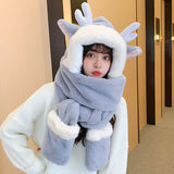 Winter Women Riding Windshield Cute Warm Antler Hat Women Winter Gloves Plush Scarf One-piece Warm Three-piece Set Outdoor daiiibabyyy