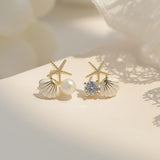 Cute Female Round Crystal Pearl Earrings Classic Gold Color Wedding Earrings For Women Charm Sea Starfish Shell Stud Earrings daiiibabyyy