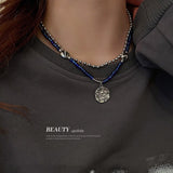 2022 New Fashion Double Layer Blue Beaded Chain Necklaces Irregular Metal Round Card Pendant Necklace For Women Party Jewelry daiiibabyyy