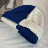 Warm and Luxury Winter Women Hat Klein Blue Woolen Hat Women Winter Blue and White Stitching Color Knitted Melon Leather Hat daiiibabyyy