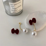 New Fashion Vintage Wine Red Plush Bowknot Ring Earring Personality Simple Autumn And Winter All-match Jewelry For Women Girls daiiibabyyy