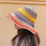 Daiiibabyyy Summer Foldable Travel Shade Rainbow Color Hat Floppy Straw Hat Women Ladies Wide Brim Beach  Straw Outside Fishing Sun Cap