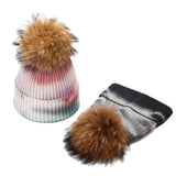 Wool Beanies Women Real Fur Pom Poms Fashion Knitted Hat Girls Tie dye Color Female Beanie Cap Pompom Winter Hats for Women