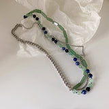 Sweet Cool Girl Multi Layers Choker Necklace Fashionable Green Stone Round Bead Chain Clavicle Jewelry Vintage Neck Accessories daiiibabyyy