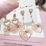 Korean Handmade Pink Lace Bow-Knot Princess Female Dangle Earrings For Women Fashion Imitation Pearl Heart Drop Brincos Jewelry daiiibabyyy