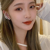 MENGJIQIAO Korean Elegant Asymmetric Pearl Zircon Clip Earrings For Women Trendy Ear Cuff No Piercing Cartilage Ear Jewelry daiiibabyyy