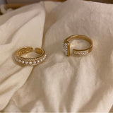 Daiiibabyyy Korean Simple Zircon Pearl Paved Open Rings For Women Personality Jewelry Ring
