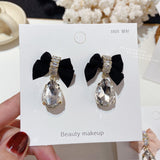 MENGJIQIAO Korean Fashion Velvet Bowknot Drop Earrings For Women Girls Elegant Waterdrop Crystal Pendientes Party Jewelry daiiibabyyy
