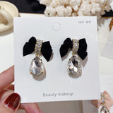 MENGJIQIAO Korean Fashion Velvet Bowknot Drop Earrings For Women Girls Elegant Waterdrop Crystal Pendientes Party Jewelry daiiibabyyy