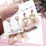 Korean Handmade Pink Lace Bow-Knot Princess Female Dangle Earrings For Women Fashion Imitation Pearl Heart Drop Brincos Jewelry