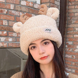 Women Autumn and Winter Cute Warm Hat Winter Antlers Lamb Fur Hat Funny JOKE Logo Hat Women Padded Hedging Hat daiiibabyyy