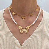 Goth Baroque Pearl Butterfly Pendant Necklace for Women Vintage Multi Layer Link Chain Necklace Punk Aesthetic Jewelry 2022 daiiibabyyy