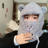 Women Cute Small Bear Hat All-match with Mask Bear Hat Female Winter Thick Plush Bib Biking Earmuffs Hats for Women Fashion daiiibabyyy