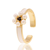 European and American Style Jewelry Copper Drop Oil Flower Ring Temperament Pearl Ring Personality Geometric Jewelry Lover Gift daiiibabyyy