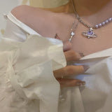 MENGJIQIAO New Trend Elegant Pearl Purple Beads Choker Necklace For Women Girls Fashion Heart Space Crystal Party Jewelry Gifts daiiibabyyy