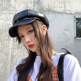 PU Leather Octagonal cap Women Autumn And Winter cap casual beret Hat Artist painter cap for 90 Girls daiiibabyyy