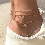 Daiiibabyyy 3 Pcs/Set New Fashion Gold Crystal Sequins Star Beads Anklets for Women Bracelet on The Leg Foot Beach Jewelry Accessories