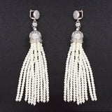 Daiiibabyyy Boho Cz Zircon Crown Hat Connector Charms Long Dangle 10 Rows White Pearl Beaded Tassel Earring For Women Wedding Jewelry