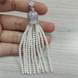 Daiiibabyyy Boho Cz Zircon Crown Hat Connector Charms Long Dangle 10 Rows White Pearl Beaded Tassel Earring For Women Wedding Jewelry