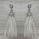 Daiiibabyyy Boho Cz Zircon Crown Hat Connector Charms Long Dangle 10 Rows White Pearl Beaded Tassel Earring For Women Wedding Jewelry