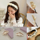 Silk Satin Wide Hair Hoop Shark Clip Elegant White Rose Flower Hair Accessories Fashion Geometric Hair Claws Hair Clip daiiibabyyy