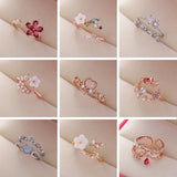 New Fashion Crystal Flower Branch Leaf Adjustable Finger Rings for Women Rose Gold Zircon Open Ring Glamour Wedding Jewelry Gift daiiibabyyy