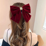 Winter Red Velvet Chain Big Bow Barrette For Woman Hair Accessories Solid Color Hair Clips Sweet Big Bow Hair Clips Korean Style daiiibabyyy