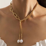 Daiiibabyyy Fashion Hip Hop Long Imitated Pearl Pendant Tassel Necklace For Women Boho Vintage Geometric Hollow Metal Chain Jewelry Gift