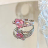 Daiiibabyyy Fashion Pink Blue Zircon Crystal Criss Heart Open Rings For Women 2023 New Jewelry Adjustable Ring