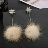 Autumn New Fashion Long Mink Fur Fluffy Hairball Dangle Earrings For Women Girls Party Jewelry Crystal Snowflake Drop Earring daiiibabyyy
