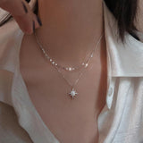 s925 sterling Silver Star Moon Double Necklace Women Clavicle Chain Shiny Diamond  Fashion Jewely Accessories daiiibabyyy