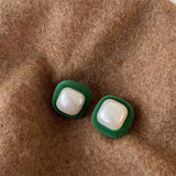 FFLACELL Fashion Vintage Green,Khaki,Black Geometric Plush Love-Heart Pearl Earrings Female Personality All-match Party Jewelry daiiibabyyy