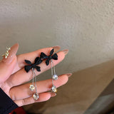 Trendy Korean Black Bow Long Chain Crystal Dangle Earrings Ladies Fashion Temperament Jewelry For Women Party Drop Earring Gift daiiibabyyy