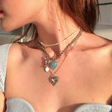 2021 Spring Korean Sweet Vintage Green Opal Love Pendant Romantic Irregular Geometric Beaded Necklace for Women Jewelry Gifts daiiibabyyy