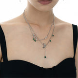 FFLACELL New Fashion Luxury Double Layer Wearing BlingBling Inlaid Green Zircon Necklace Female Creative All-match Party Jewelry daiiibabyyy
