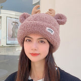 Women Autumn and Winter Cute Warm Hat Winter Antlers Lamb Fur Hat Funny JOKE Logo Hat Women Padded Hedging Hat daiiibabyyy