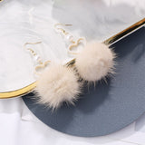 Korean New Fashion Mink Fluffy Pom pom Hairball Imitation Pearl Long Dangle Earrings For Women Trendy Party Jewelry aretes mujer daiiibabyyy
