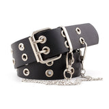 Fashion Punk Metal Eyelet Waist Belt with Chain PU Leather Women Waistband Wild Rivet Pin Buckle Belt Personality Jeans Decor daiiibabyyy