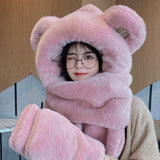 Women Winter Fashion Thickening Warm Plush Scarf Natural Rabbit Fur Bear Ears Hat Outdoor Skiing Integrated Hooded Scarf daiiibabyyy
